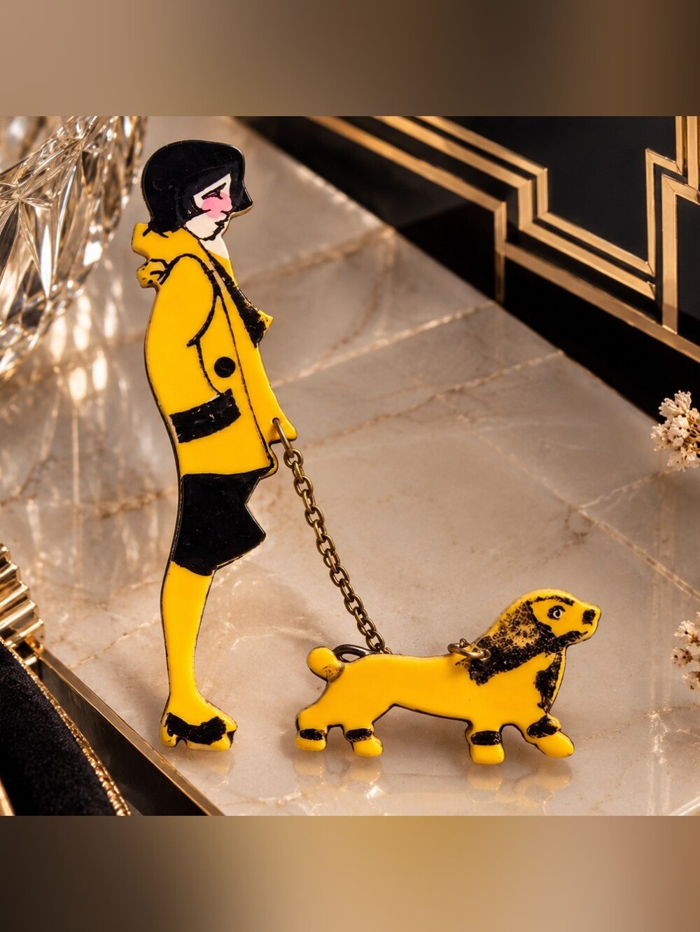 Vintage Art Deco Lady Walking Dog Enamel Brooch – Whimsical Figural Pin